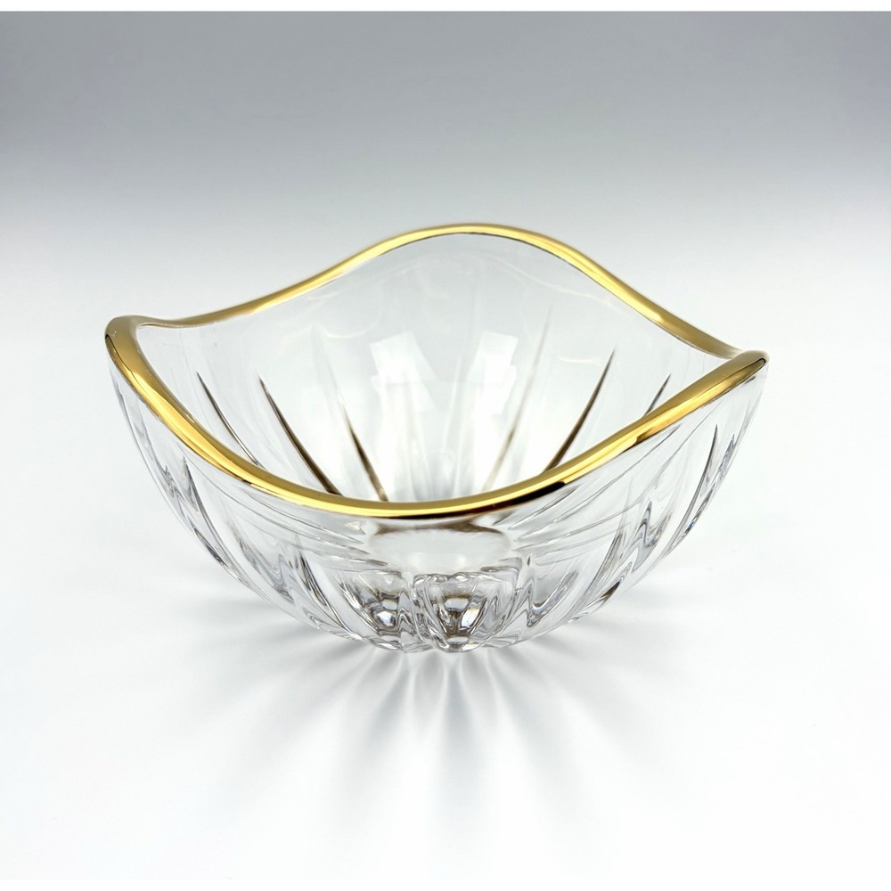 Vintage Mikasa Slovenia Crystal Triangle Bowl Clear Cut Gold Rim Candy Dish 6"